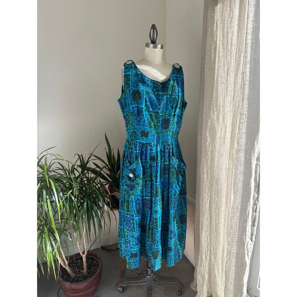 Women's M/L Dress Blue Green Cotton Day Dress Sleeveless Pockets Button Vintage - Picture 1 of 3